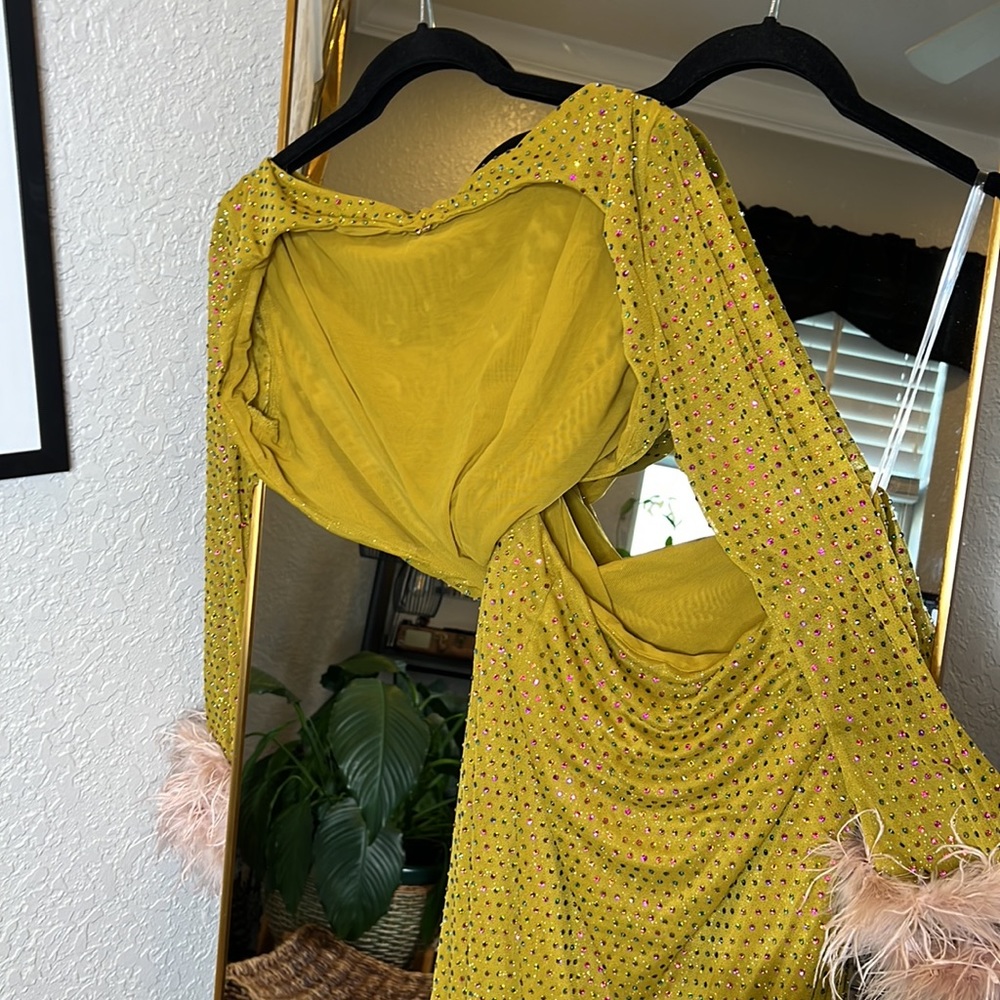 HOUSE OF CB 'Gina' Feathered Chartreuse Crystallised Maxi Dress NWOT - Picture 11 of 11